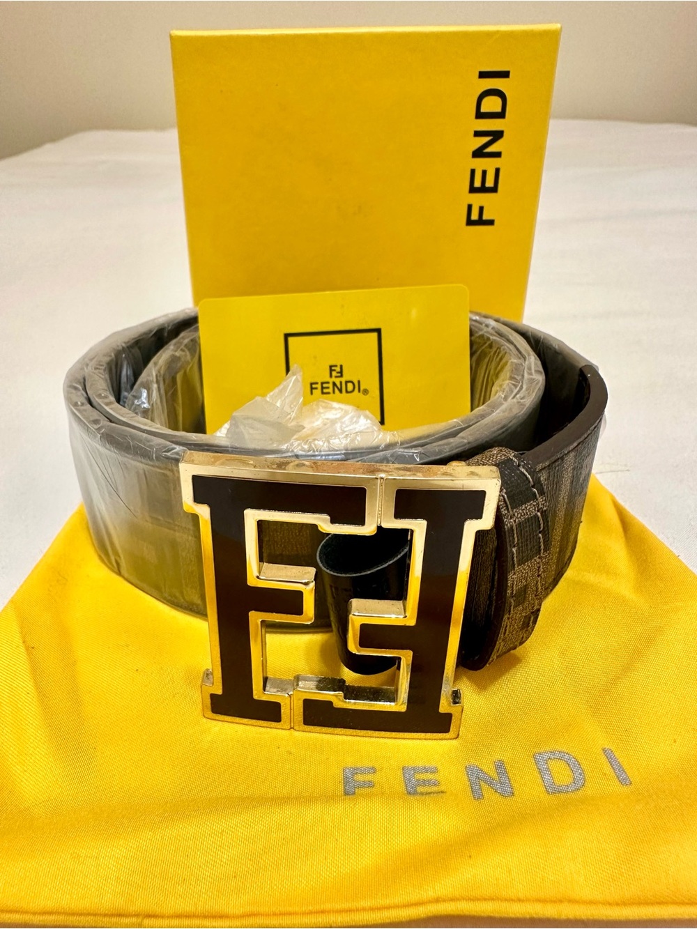 Fendi Black Leather Belt with Gold Double F Buckle